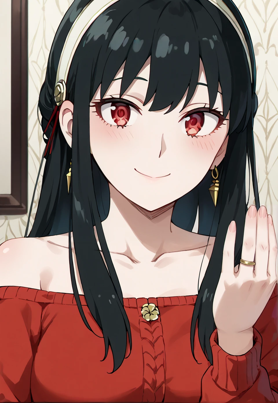 score_9,score_8_up,score_7_up,score_6_up,score_5_up,score_4_up,source_anime,best quality,masterpiece,<lora:HandFineTuning_XL:1>,
1girl,solo,
<lora:yor-briar-ponyxl-lora-nochekaiser:1>,
adult,yor briar,black hair,red eyes,earrings,white hairband,hairband,long hair,sidelocks,
bare shoulders,collarbone,dress,long sleeves,off shoulder,off-shoulder dress,off-shoulder sweater,pantyhose,red sweater,sweater,sweater dress,
indoors,looking at viewer,smile,closed mouth,upper body,close-up,
<lora:wedding_ring_pony_v1:1>,hand up,kyubiwa,silver wedding ring,jewelry,