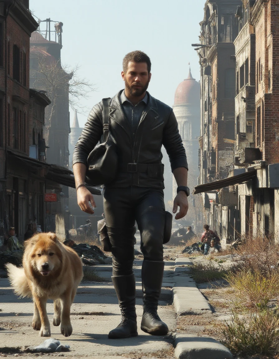 <lora:Fallout_4_flux-000010:1>,the image features a man and a dog in a post apocalyptic, dystopian cityscape,