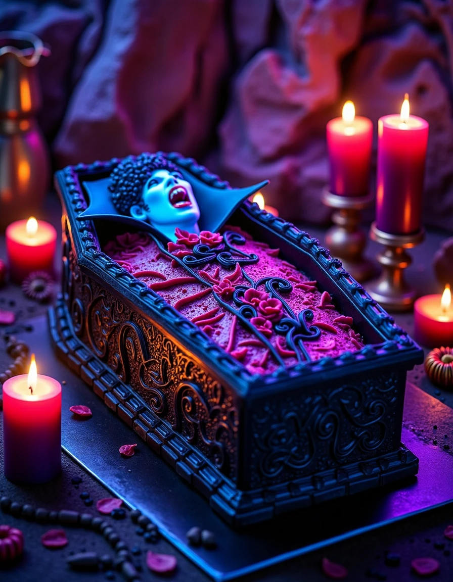 a vampiress cake resting in a coffin cake style on a black table, in a creepy crypt at night, with  candles, colors: blue, violet, red, black, creerck  <lora:creepy-and-eerie-cakes:1>