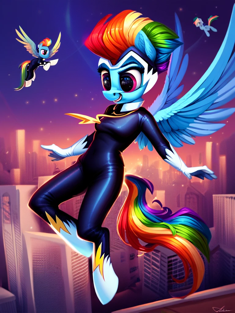 score_9, score_8_up, score_7_up, score_6_up, score_5_up, score_4_up, source_pony, anthro pony, Zapp_PowerPonies, bodysuit, necklace, solo, flying, skyline, night, detailed background, detailed face, detailed eyes, <lora:zappanthro-v1:1>