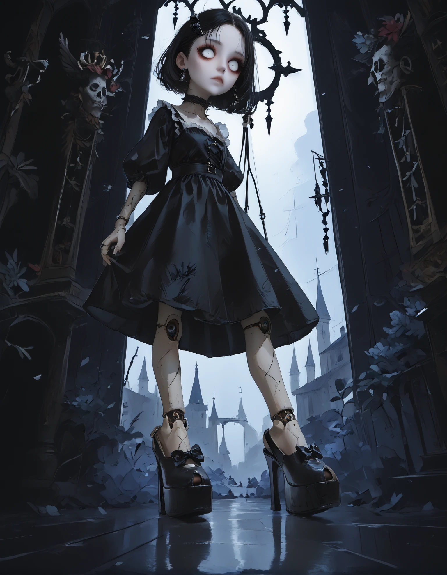 score_9, score_8_up, score_7_up, score_6_up, score_5_up, score_4_up,
1girl, goth, black dress, black hair, 
doll, ball joints, long legs, expressionless, empty eyes, white eyes,
dangling arms, dangling legs, hanging from waist,
indoors, school, 
(from below), (from side:1.25), foot focus,
(wide angle:1.2), (fisheye lens:1.5), (foreshortening:1.3),
night, dark, dark background, Low-key lighting,
light particles,
(r3w1nd heels:1.2), (platform footwear:1.2),
dontstarvestyle, blank eyes,
embedding:zPDXL2 ,