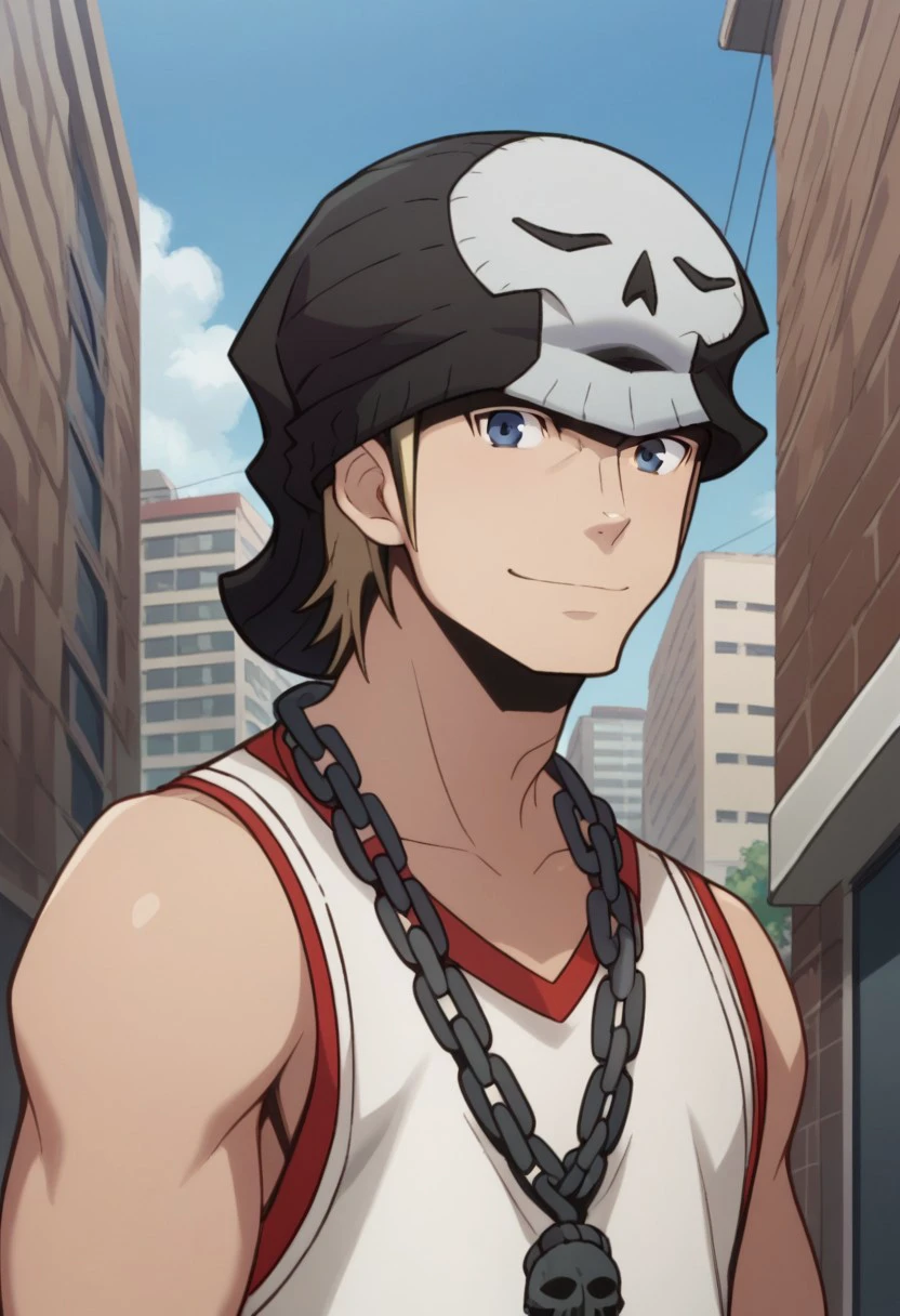 score_9, score_8_up, score_7_up, source_anime, highly detailed,  
daisuke, 1boy, male focus, solo, blonde hair, blue eyes, tank top, beanie, chain, hat,  standing, chain necklace, upper body, looking at viewer, smile,
outdoor, street, building, sky, cloud,