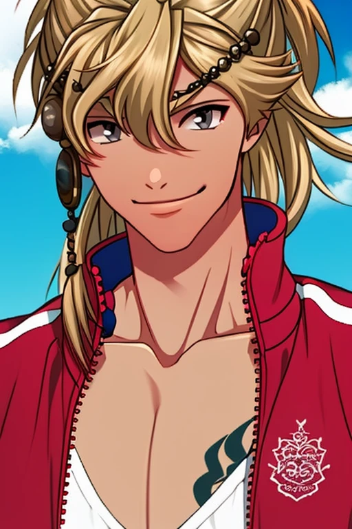 (masterpiece),(best_quality),1boy,Shindara,blond hair,hair ornament,grey track jacket,white shirt,chest tattoo,pectoral cleavage,smile,<lora:Shindara:1>,