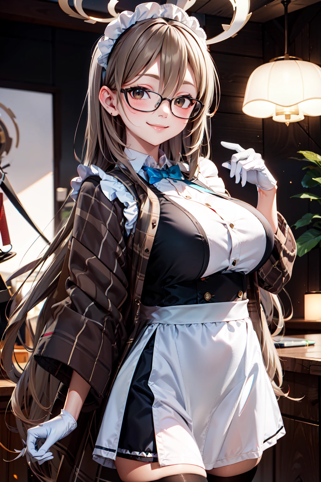 (masterpiece), <lora:Beautiful_CAT_v3:0.8>, best quality, high resolution, highly detailed, perfect lighting,  , <lora:Akane_BlueArchive_Citron:0.8>, zzAkane, brown eyes, light brown hair, long hair, glasses, halo, rabbit ears black dress, maid apron, white gloves, blue bowtie, white thighhighs, upper body , solo, smiling, looking at viewer,, BREAK, hip to the side, contrapposto, cowboy shot,