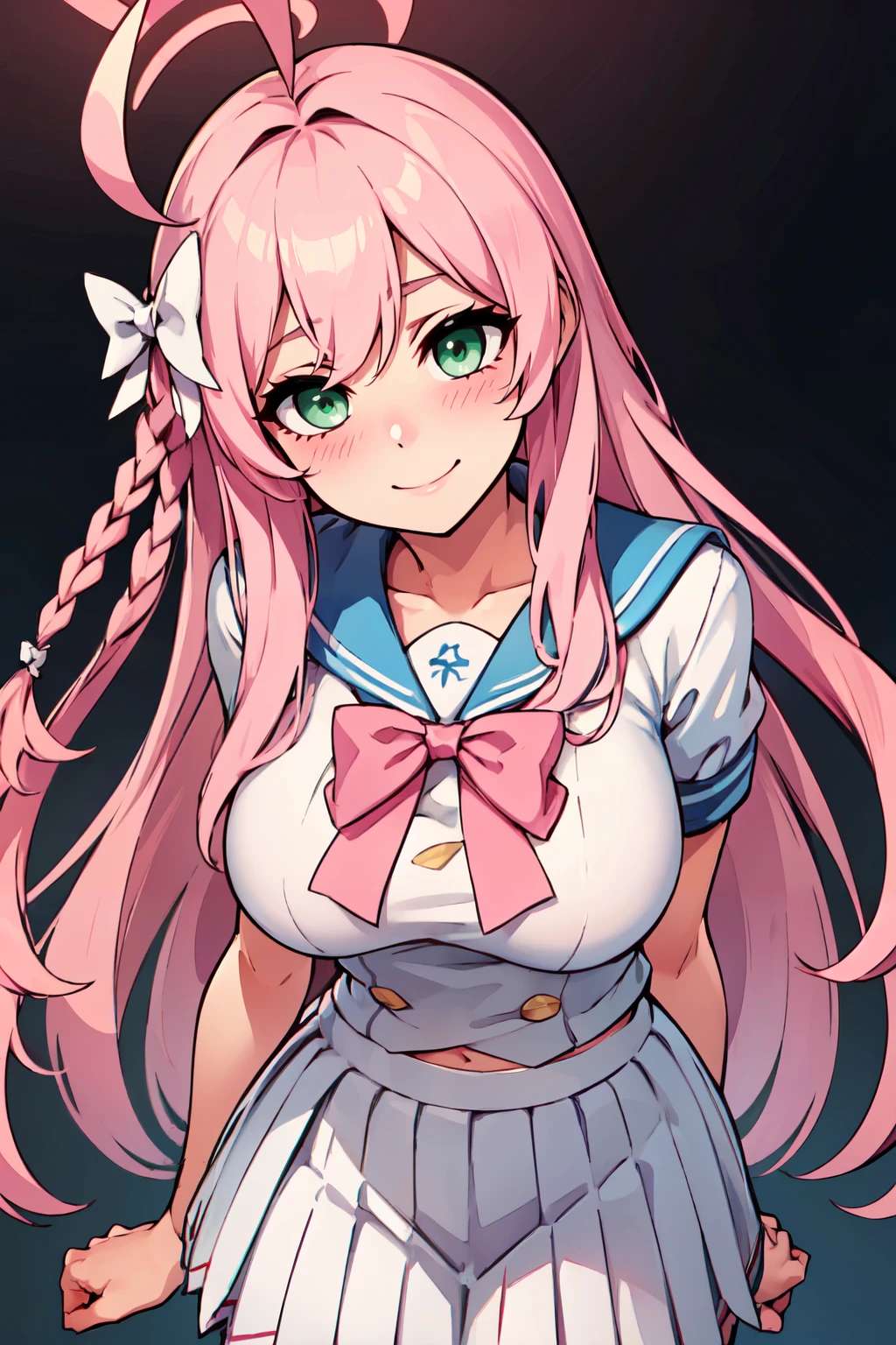 ((masterpiece,best quality)), absurdres,  BREAK, , <lora:Hanako_BlueArchive_Citron:0.8>, zzHanako, green eyes, pink hair, long hair, braid, halo, ahoge, large breasts, bow, white skirt, blue sailor collar, pink bow, pleated skirt, white serafuku,  , BREAK, leaning forward, head tilt, blush, upper body,, BREAK, solo, smile, looking at viewer, cowboy shot,