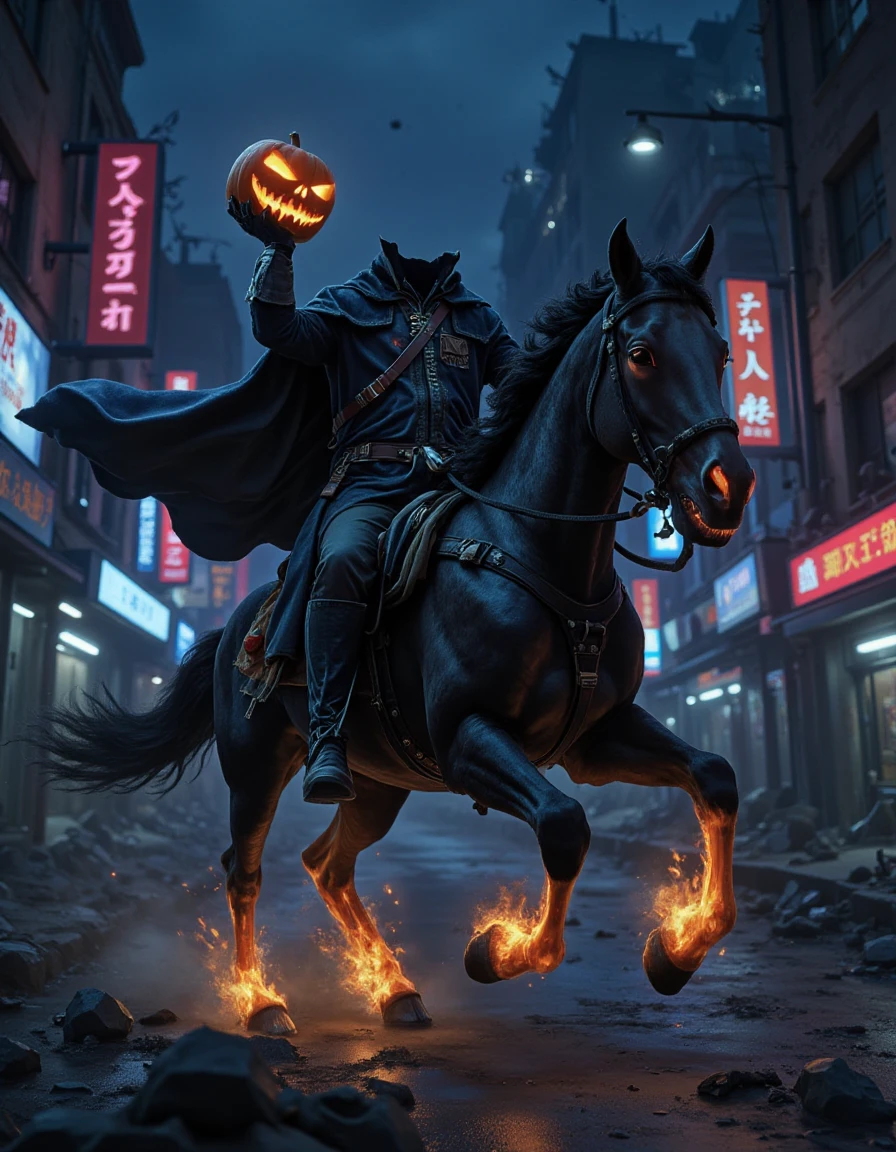 headless_horseman, <lora:headless_horseman_v11:1>, headless_horseman riding a skeletal horse with flaming hooves, charging through a post-apocalyptic city street at night, surrounded by crumbling buildings and flickering neon lights. The rider holds a glowing, carved wooden skull in his hand instead of a pumpkin. Cyberpunk with neon colors and high contrast shadows.