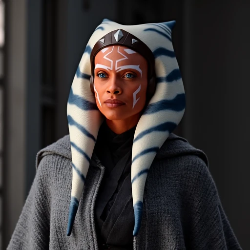 textured cloak with a subtle, The image is a high-resolution photograph featuring a character from the Star Wars universe, The image is a high-resolution photograph from the science fiction film Star Wars: The Clone Wars. It features a close-up of the female jedi Ahsoka Tano, piercing blue, portrayed by actress Rosario Dawson. The image showcases a close-up of Ahsoka Tano. She is dressed in the distinctive grey simple jedi robe.