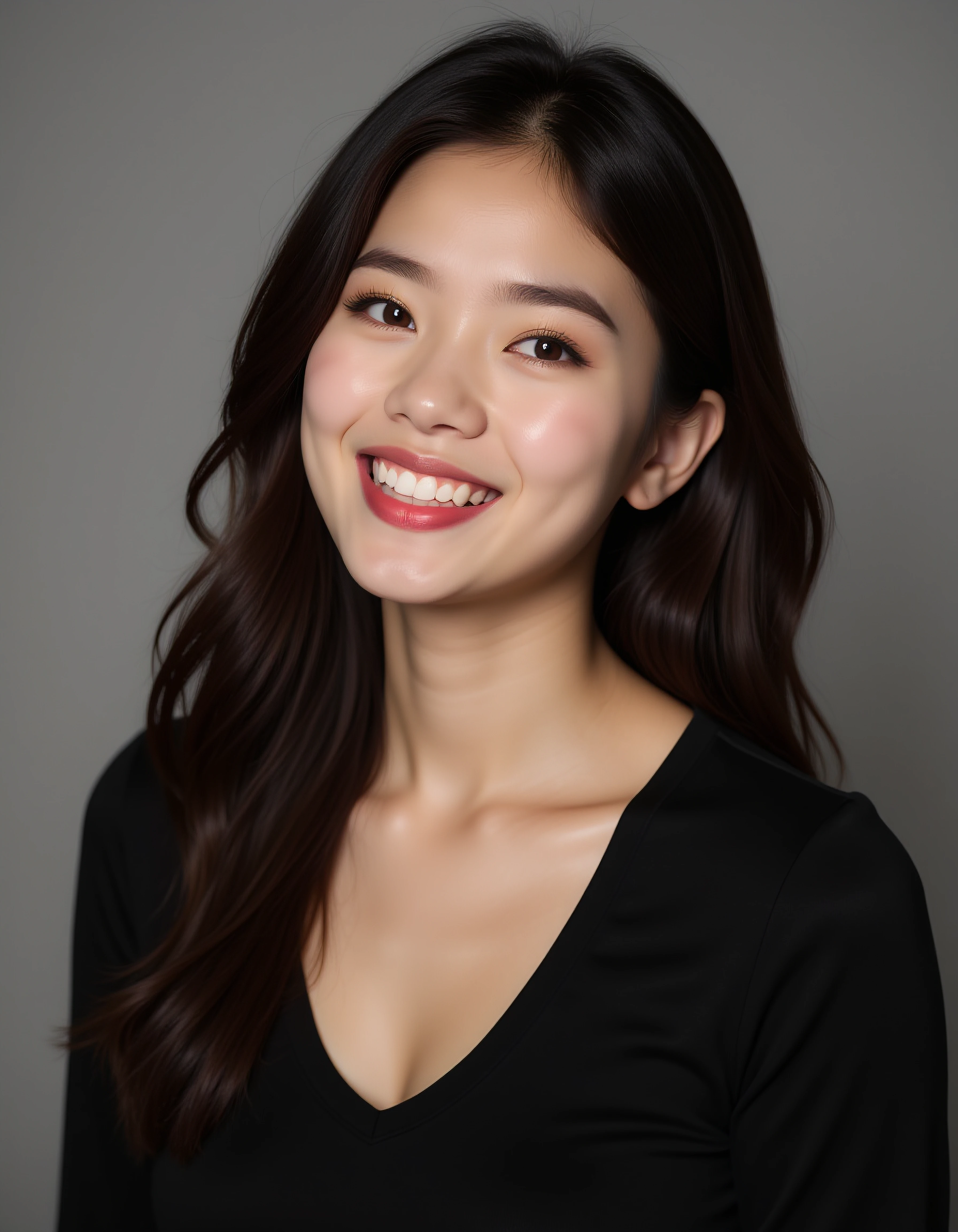 head shot portrait photo of a beautiful 20yo woman, lacey black shirt, smiling <lora:beauty_standard1:0.85>