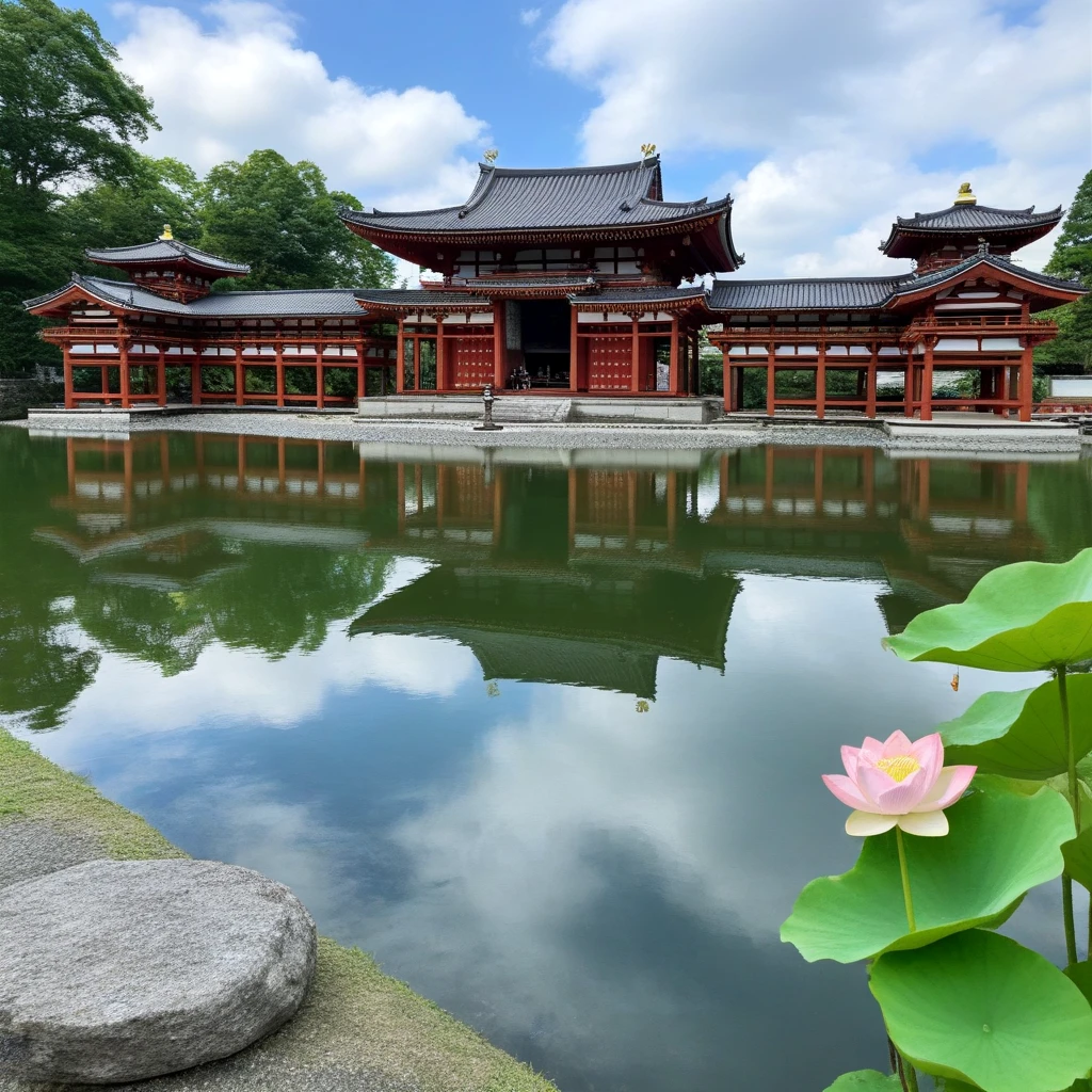 <lora:phoenix_temple_SDXL:0.5>, a large building with a pond, outdoors, sky, day, cloud, water, tree, blue_sky, no_humans, cloudy_sky, lotus, flower, building, rope, nature, scenery, forest, reflection, rock, stairs, mountain, torii, architecture, house, bridge, east_asian_architecture, river, statue, landscape, lake, shrine, pond, stone_lantern, reflective_water, real_world_location, pagoda