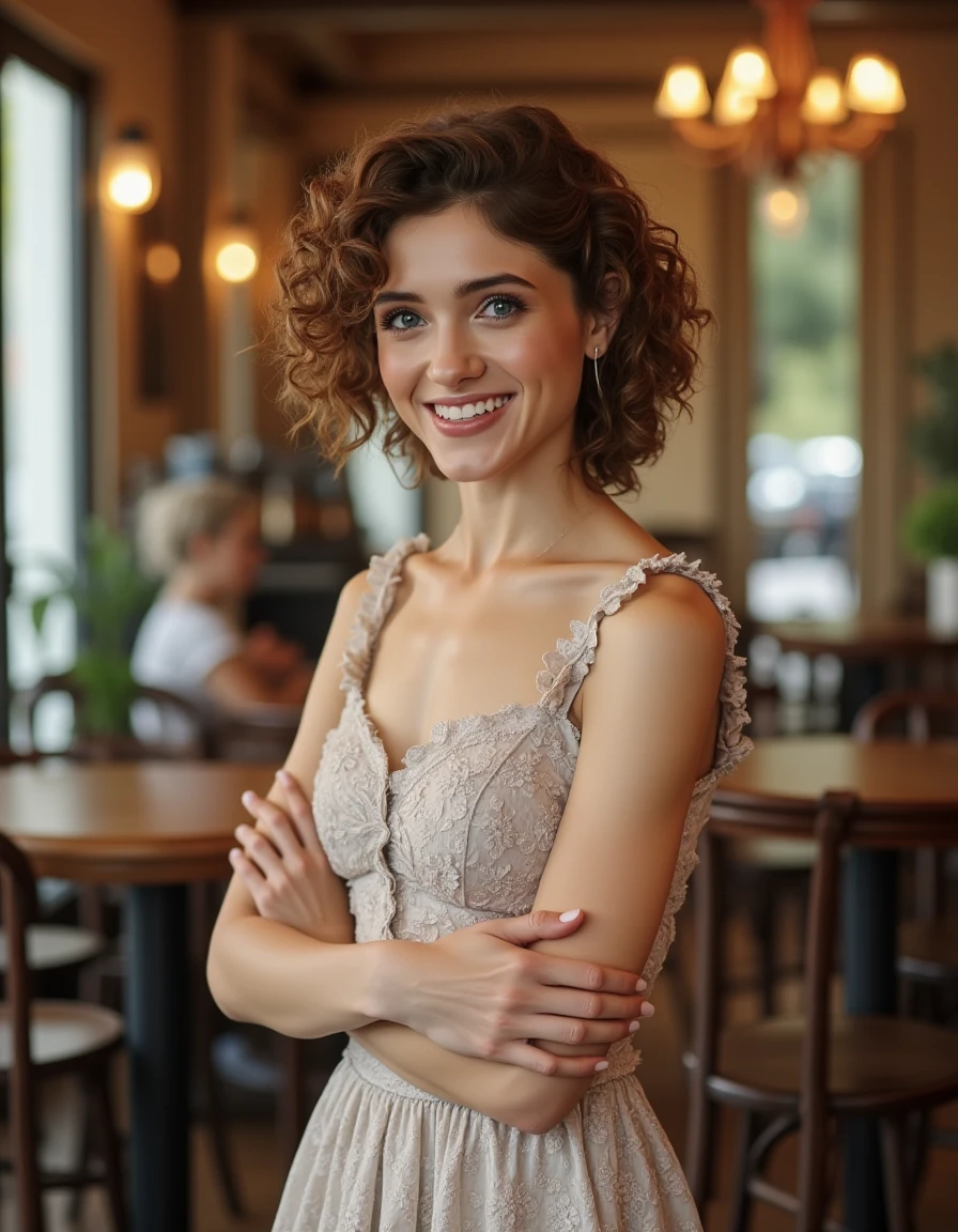 <lora:Natalia_Dyer_Flux:1> beautiful detailed photograph, short curly hair, wearing a dress, standing in cafe looking at the viewer, smiling