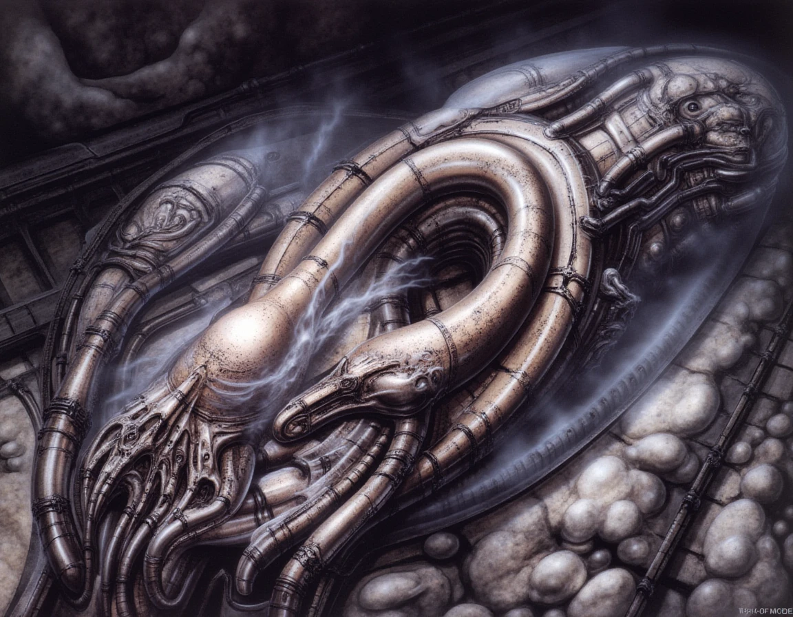 In a dimly lit, surreal landscape reminiscent of a nightmarish dream, a highly detailed traditional artwork unfolds, masterfully executed in airbrush technique by the visionary H.R. Giger. This piece features an intricate alien biomechanical machinery that appears to pulse with life, its slick and veiny surfaces gleaming ominously under the soft glow of an unseen light source. The scene is filled with a visceral energy, embodying both horror and science fiction, as each component twists and intertwines in a sensual dance of mechanics and flesh.

The machinery is enveloped in a moist sheen, revealing organic textures that evoke an unsettling blend of phallic and vulvic imagery. Shadows play across the complex mechanical components, which hum and thrum with an incomprehensible complexity, creating a symphony of sound that resonates in the viewer’s mind. Wisps of steam escape from crevices, carrying with them a faint metallic scent, adding to the industrial ambiance.

Nestled within the machinery, fluid patterns of bright glans and intricate shapes imitate the rhythms of a living organism, while wisps of translucent tendrils reach outward as though in search of connection. The overall emotional tone is both thrilling and unnerving, arousing an existential contemplation of creation and destruction, merging beauty and horror in a breathtaking display that captures the imagination and stirs primal instincts. This artwork invites the viewer to explore the depths of desire and fear intertwined within a breathtaking yet grotesque vision of a speculative future.