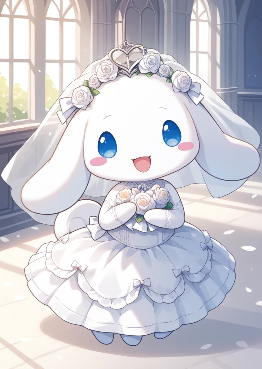 score_9, score_8_up, score_7_up, BREAK
Cinnamoroll, anthro, male, solo, looking at viewer, smile, open mouth, blue eyes, standing, :d, no humans, blush stickers, happy, church, cute, kawaii, chibi, long ears, white fur, wedding dress, wedding veil