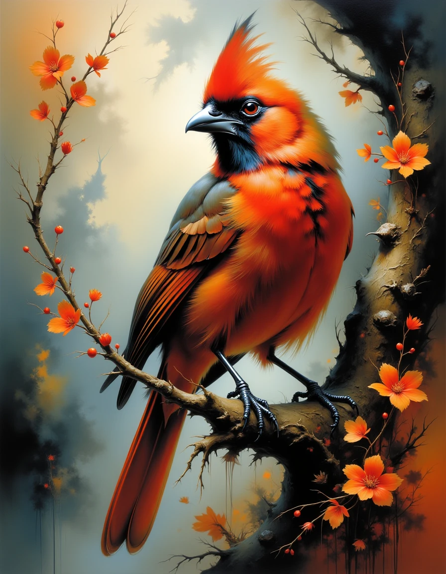 3th33r34l a red Bird on a tree   <lora:ethereal-grace:0.9>