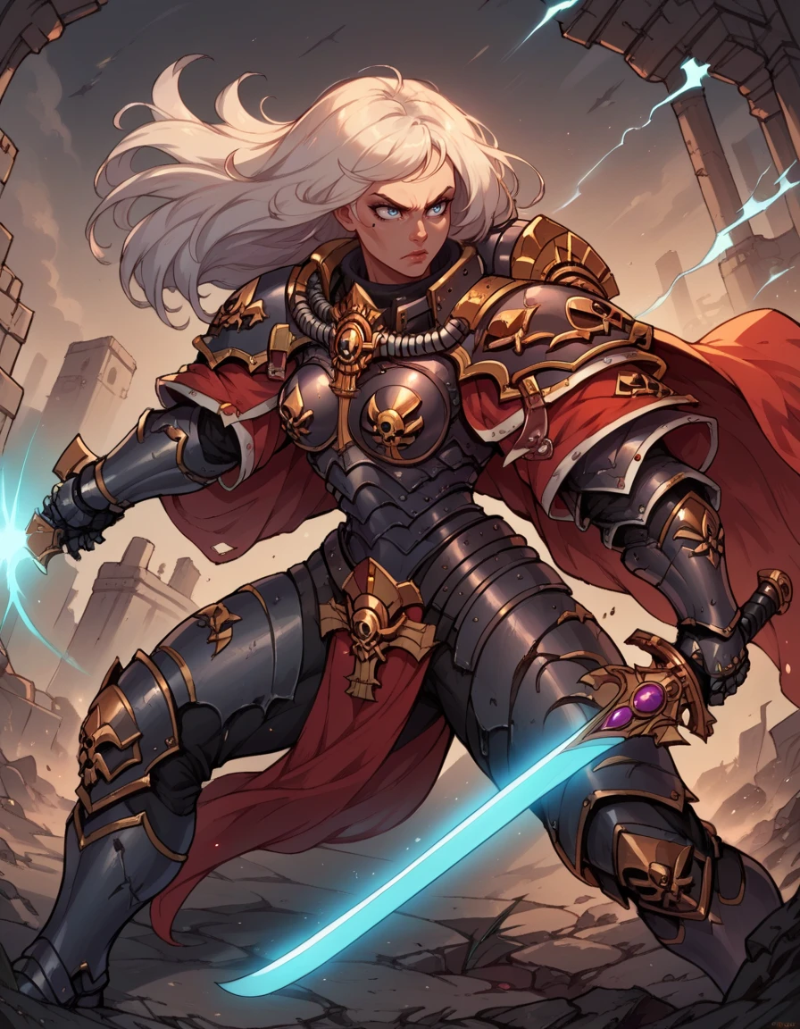 score_9, score_8_up, score_7_up,score_6_up, score_5_up, score_4_up ,
glowing, neon,
1girl, solo, 
sobattledg,
armor, shoulder armor, pelvic curtain, power armor, cape,
white hair, long hair,   
battle, holding sword, fighting stance,
science fiction, ruins, 
 <lora:Sister of Battle v01-000002:0.90>