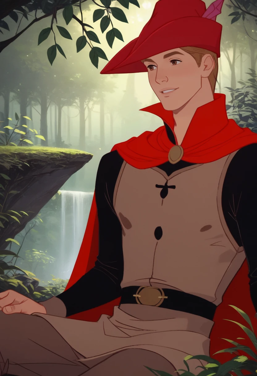 score_9, score_8_up, score_7_up, best_quality, high_quality, detailed, Prince_Phillip_SB, 1man, brown hair, brown eyes, black shirt, beige vest, brown pants, red cloak, red hat, solo, in forest, very detailed, artistic light, beautiful lighting, beautiful shadows, Expressiveh, zPDXL3, <lora:Prince_Phillip_SB:0.8>, <lora:Smooth Anime Style LoRA XL:1>, <lora:Expressive_H:0.8>, <lora:add-detail-xl:2>, <lora:zPDXL3:1>