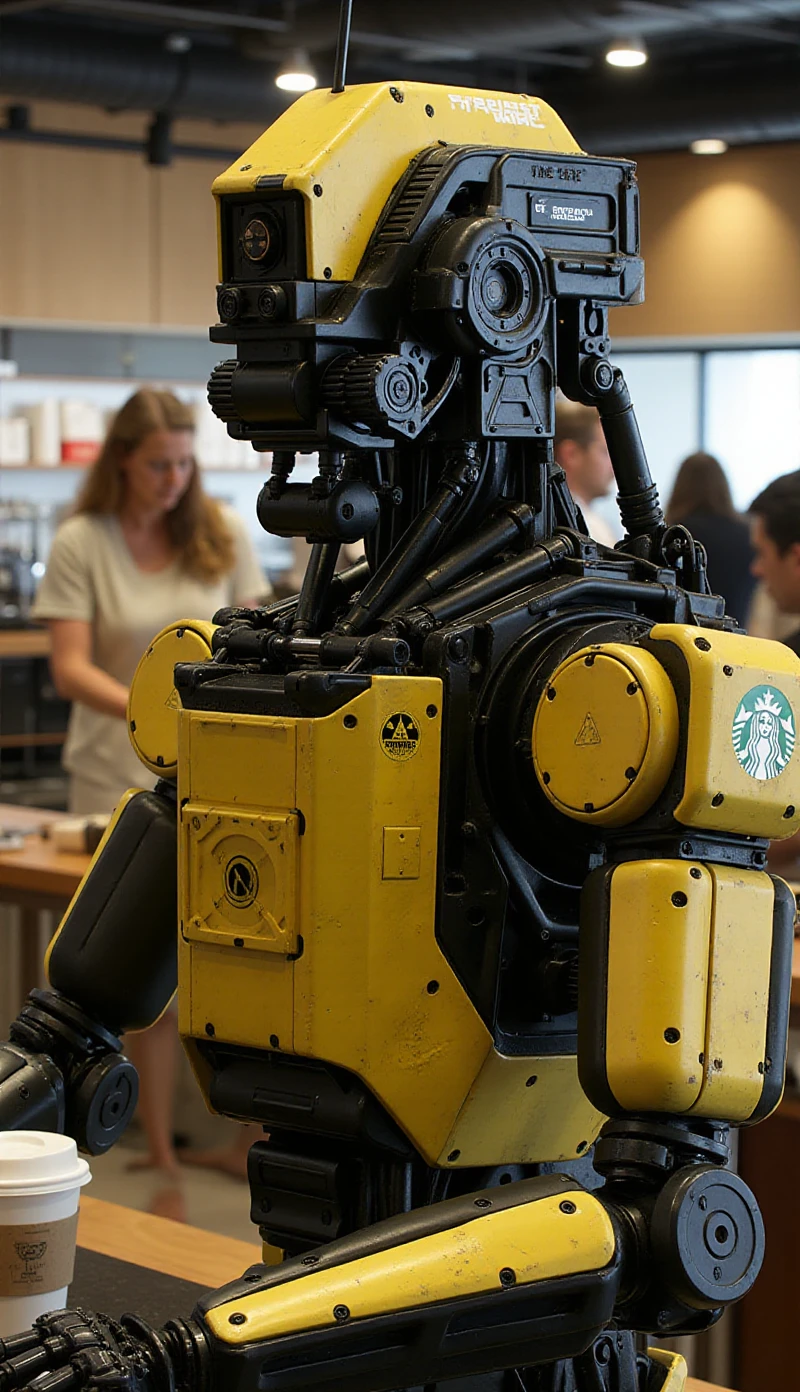 Elysium Robot is serving coffee in a starbuck. highly detailed <lora:ElysiumRobot:0.9>