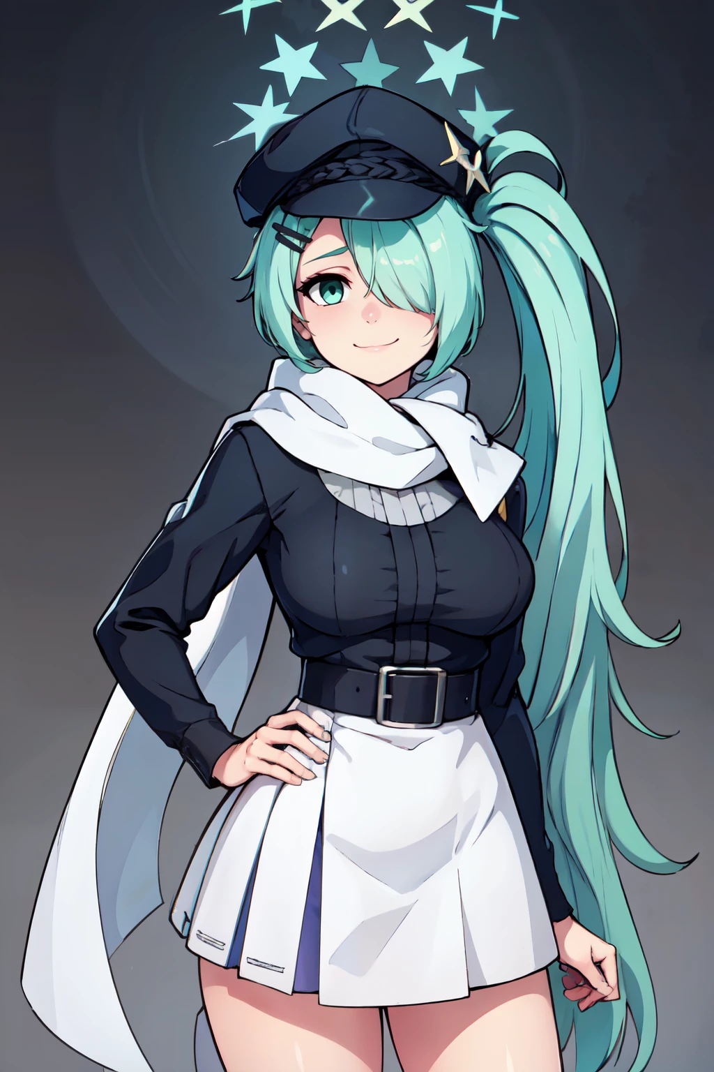 ((masterpiece,best quality)), absurdres,  BREAK, , <lora:Hiyori_BlueArchive_Citron:0.8>, zzHiyori, long hair, hair over one eye, side ponytail, hairclip, hair ornament, aqua hair, green eyes, black headwear, hat, cabbie hat, long sleeves, white skirt, belt, white scarf,, BREAK, hip to the side, hand on hip, contrapposto,, BREAK, solo, smile, looking at viewer, cowboy shot,