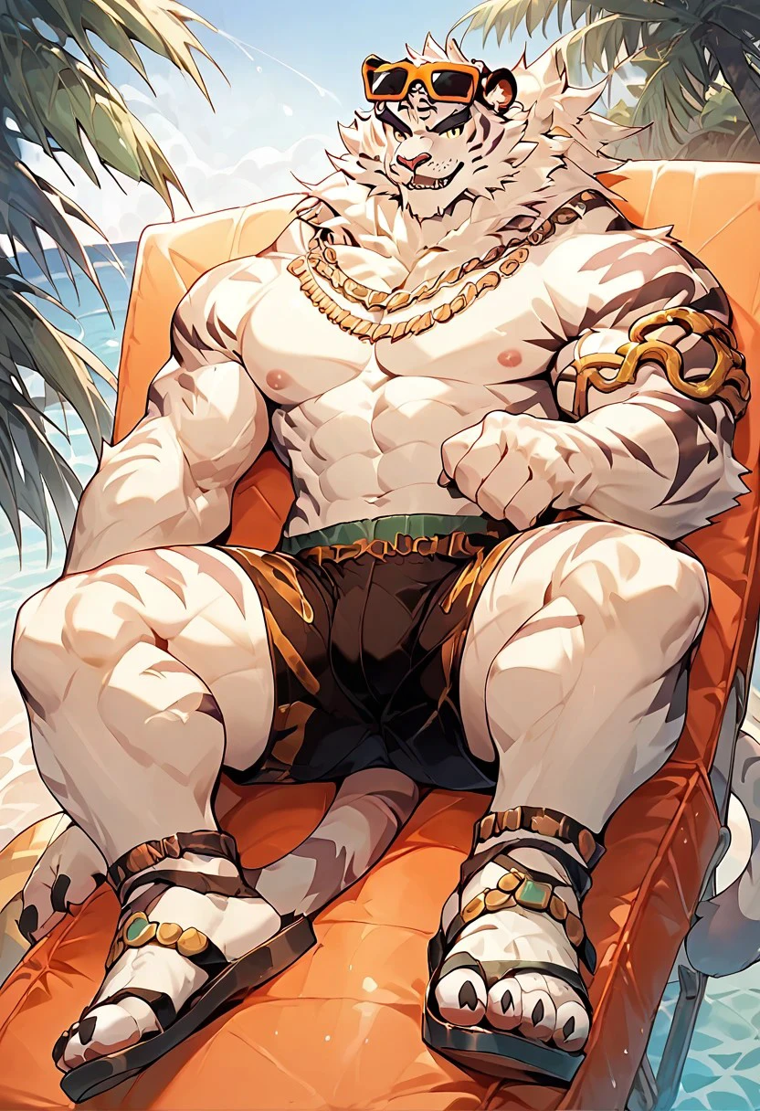 source_furry, score_9, score_8_up, score_7_up, score_6_up, score_5_up, score_4_up,
Jin Qiu,
male swimwear, swim shorts, sunglasses, eyewear on head, jewelry, necklace, armring, sandals, 
bulge,
Lying on a beach chair, open smile, looking at the audience,
 detailed background,