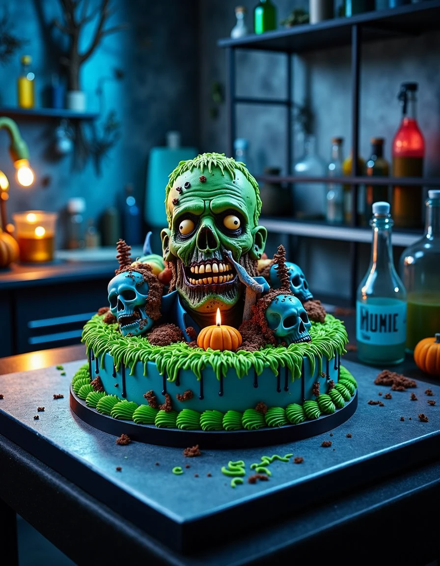 a very creepy zombie cake on a black table in a creepy lab at night, colors: blue, green, orange, creerck  <lora:creepy-and-eerie-cakes:1>