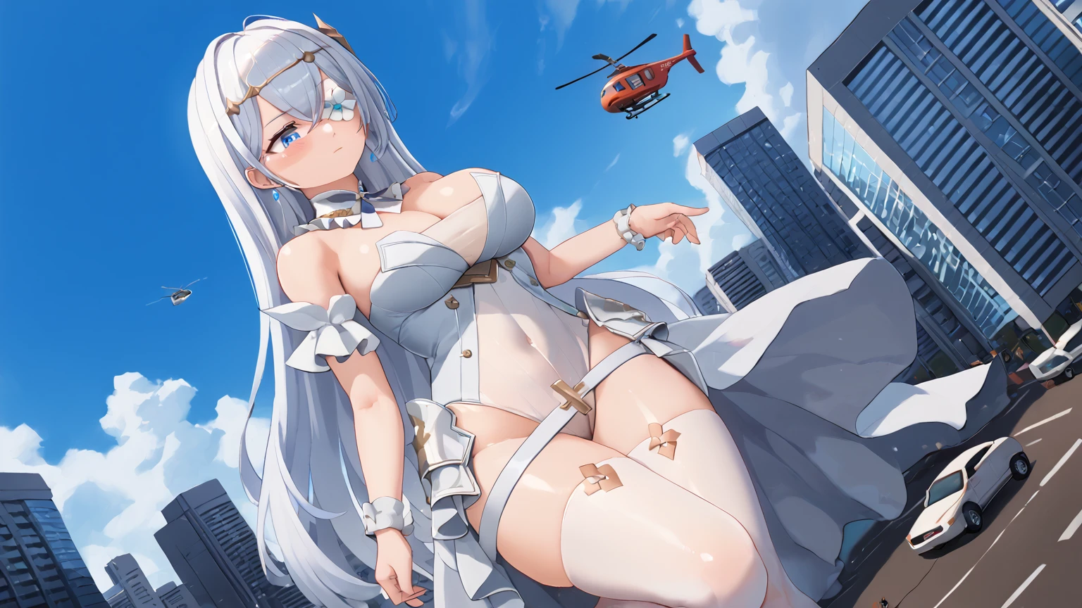 score_9, score_8_up, score_7_up, score_6_up, score_5_up, BREAK,1girl, barefoot, blush, breasts, building, city, day, dutch angle, giant, ground vehicle, gtscity,outdoors, helicopter, looking down,EmdenDef, blue eyes, flower over eye, white hair, bangs, long hair, jewelry, earrings, white dress, cleavage, large breasts, white thighhighs, detached collar, bare shoulders, white leotard, covered navel, wrist cuffs, <lora:gtscityv2:0.9>, <lora:Emden_XLPD:0.8>, <lora:StS_PonyXL_Detail_Slider_v1.3:1>,