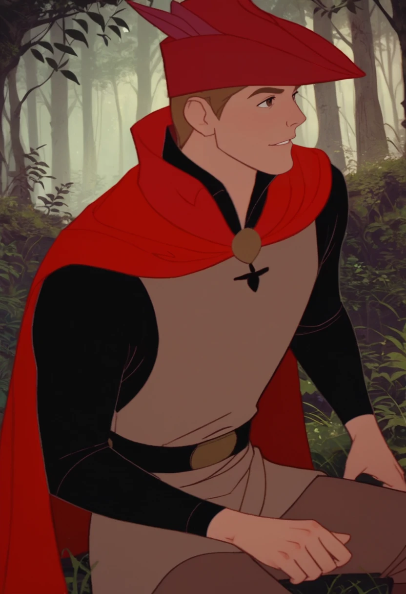 score_9, score_8_up, score_7_up, best quality, detailed, Prince_Phillip_SB, 1man, brown hair, brown eyes, black shirt, beige vest, brown pants, red cloak, red hat, in forest, Expressiveh, zPDXL3, <lora:Prince_Phillip_SB:0.9>, <lora:Smooth Anime Style LoRA XL:0.8>, <lora:Expressive_H:0.8>, <lora:add-detail-xl:2>, <lora:zPDXL3:1>