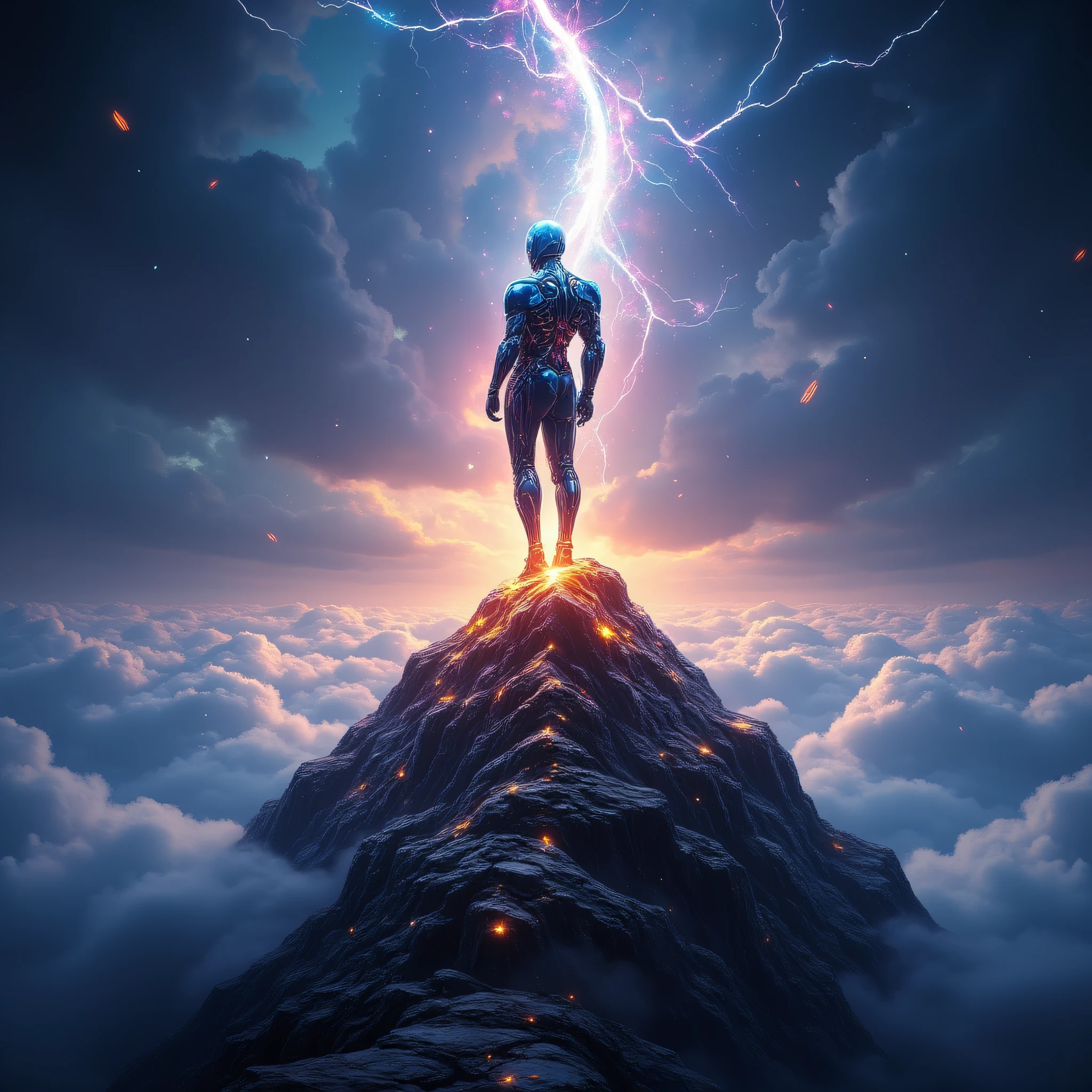 A cybernetic knight standing atop a glowing mountain peak, lightning cracking the stormy sky, ethereal mist surrounding, ArsFriends style