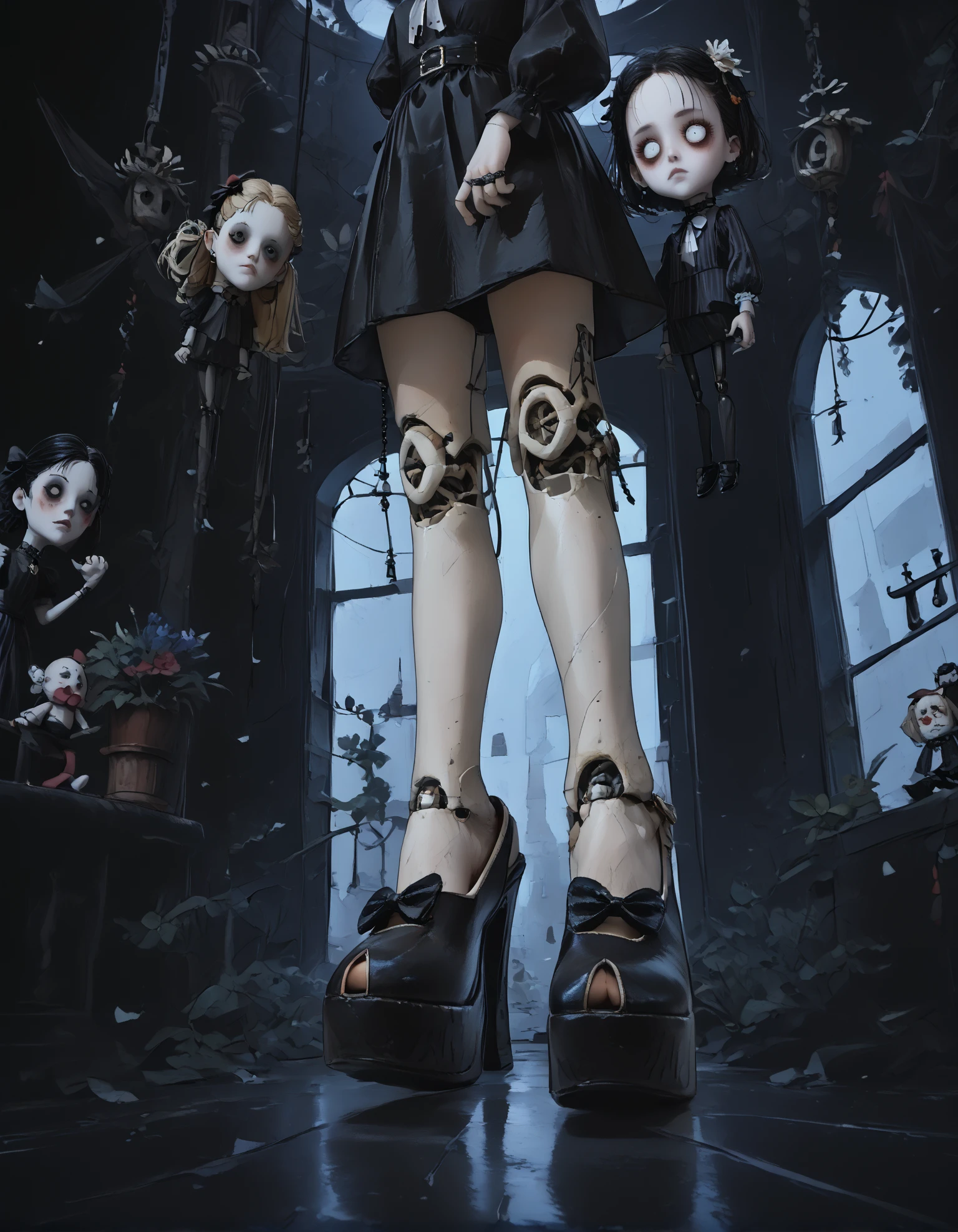 score_9, score_8_up, score_7_up, score_6_up, score_5_up, score_4_up,
1girl, goth, black dress, black hair, 
doll, ball joints, long legs, expressionless, empty eyes, white eyes,
dangling arms, dangling legs, hanging from waist,
indoors, school, 
(from below), (from side:1.25), foot focus,
(wide angle:1.2), (fisheye lens:1.5), (foreshortening:1.3),
night, dark, dark background, Low-key lighting,
light particles,
(r3w1nd heels:1.2), (platform footwear:1.2),
dontstarvestyle, blank eyes,
embedding:zPDXL2 ,