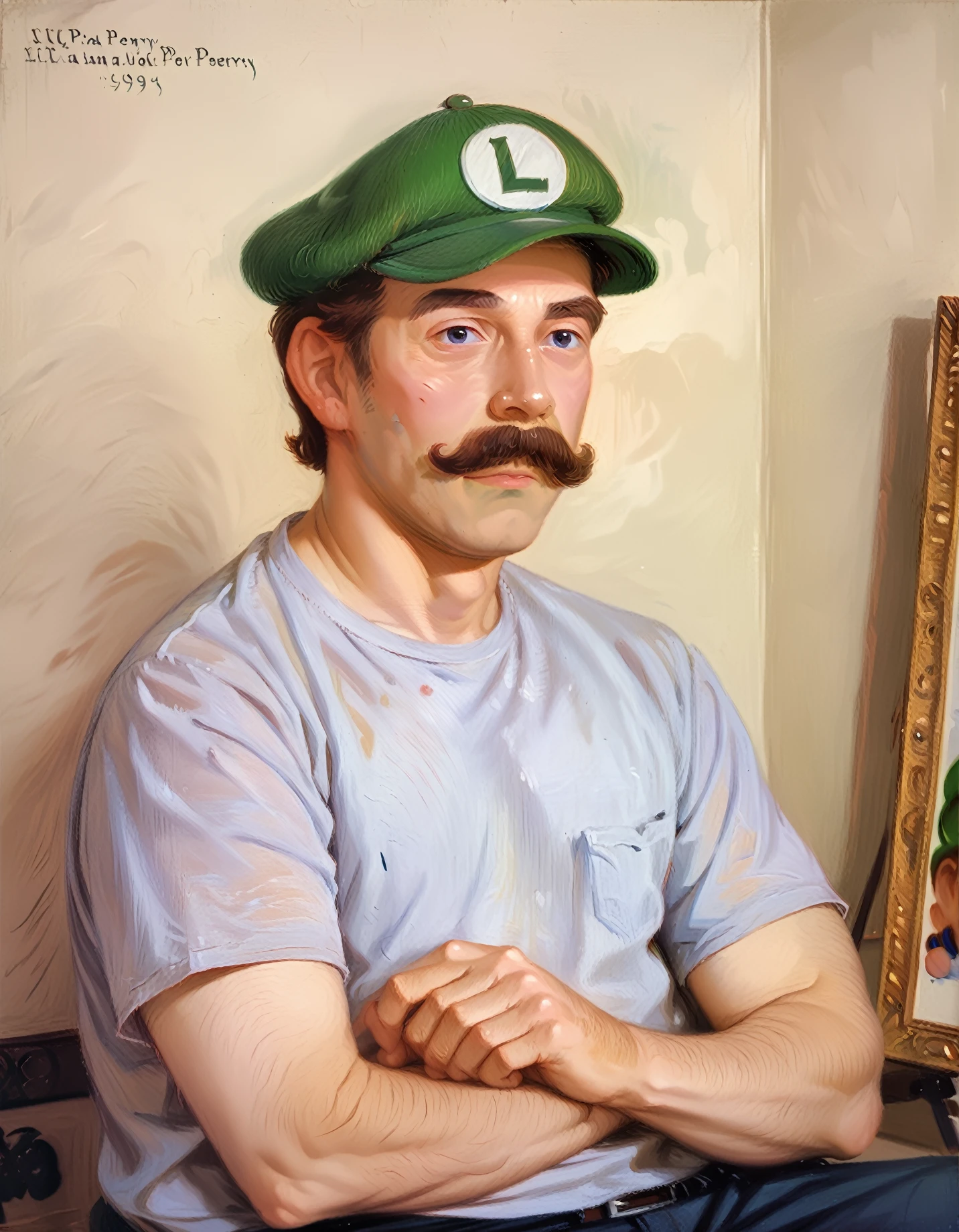 <lora:lilla-cabot-perry_pony_v1:1>  '  luigi, hat ' by cabot perry lilla in 1901,genre painting \(genre\),portrait \(genre\),impressionism \(style\), 1boy,mustache,super mario, score_9, score_6_up, score_7_up