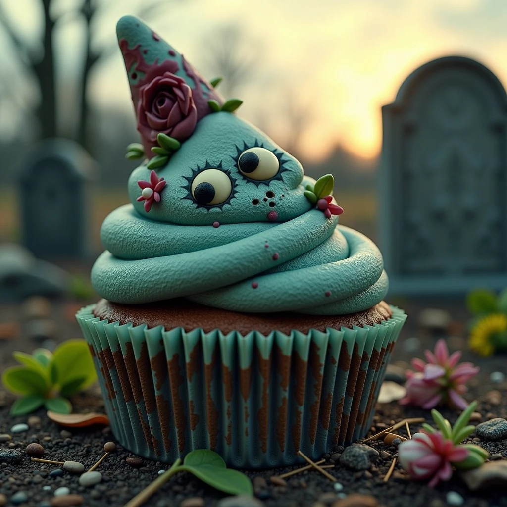 long shot scenic professional photograph of zombie cupcake with beautiful graves around it  <lora:hallowen-spooky-cupcakes:1>, Photorealistic, Hyperrealistic, Hyperdetailed, analog style, soft lighting, subsurface scattering, realistic, heavy shadow, masterpiece, best quality, ultra realistic, 8k, golden ratio, Intricate, High Detail, film photography, soft focus, perfect viewpoint, highly detailed, wide-angle lens, hyper realistic, with dramatic sky, polarizing filter, natural lighting, vivid colors, everything in sharp focus, HDR, UHD, 64K, detailed skin texture, (blush:0.5), (goosebumps:0.5), subsurface scattering