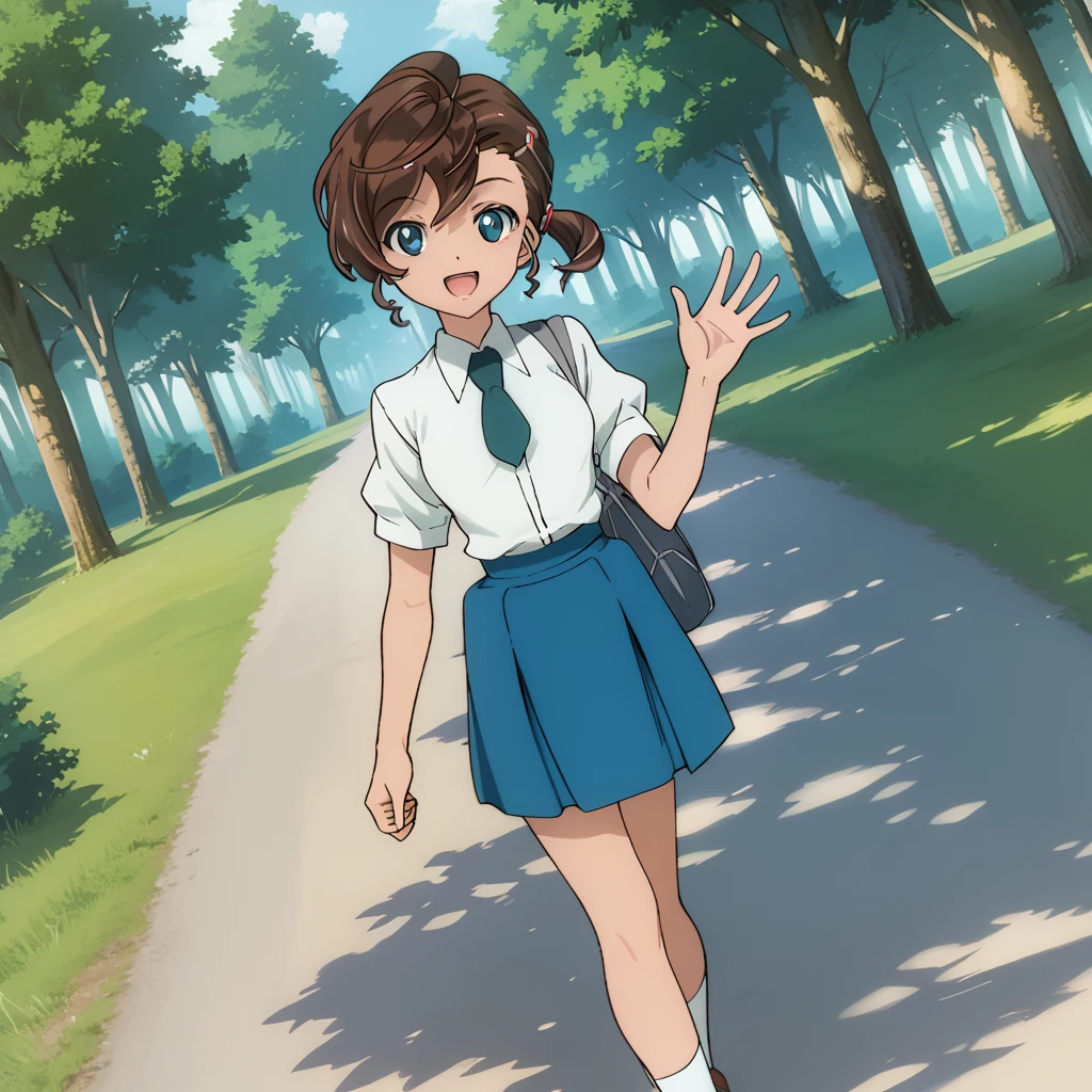 score_9, score_8_up, score_7_up, 1girl, solo, uncensored,  manainuyama, 1girl, solo, smile, open mouth, waving, looking at viewer, walking, dutch angle, white shirt, blue necktie, brown hair, blue eyes, blue skirt, outdoors, forest, path, grass, trees <lora:ManaInuyamaXL_v1.0:1>