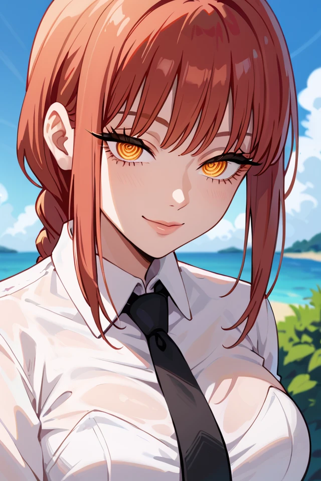 score_9, score_8_up, score_7_up, score_6_up, score_5_up, makima \(chainsaw man\), 1girl, solo, yellow eyes, red hair, braided ponytail, ringed eyes, white collared shirt, black necktie, upper body, big breasts, sexy, erotic, outdoors, <lora:xdrc_flux:1>, thick eyelashes, long eyelashes, seductive smile,