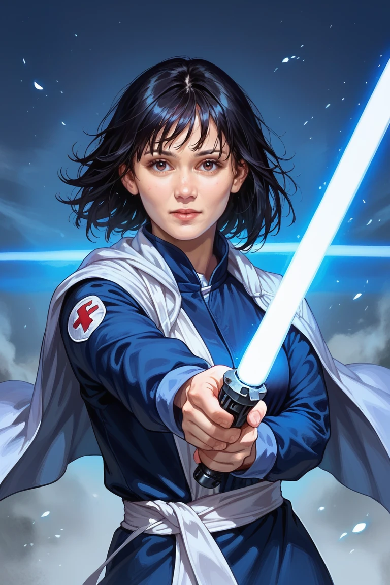 score_9, score_8, score_7, dressed as jedi knight, holding a light saber, sci-fi background, female, 1girl, solo female,black hair,Lee_Kiefer, bangs, action scene<lora:EMS-462213-EMS:0.950000>