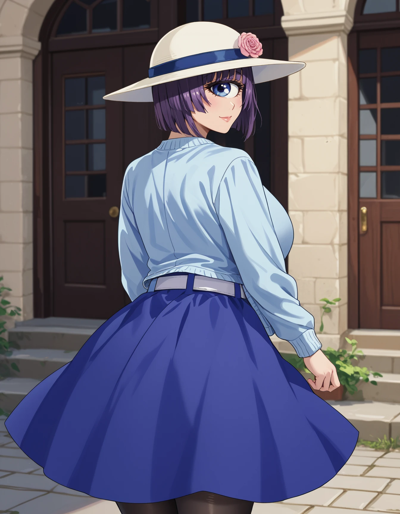 score_9, score_8_up, score_7_up,score_6_up  source_anime,  1girl,huge breasts,wide hips,thick thighs,smile,(huge ass,from behind:1.2)
manakodres, cyclops, , hat flower, blue skirt, black pantyhose, purple hair, blue eyes, short hair, long skirt, white belt, white shirt, white headwear, long sleeves,  pink rose, sun hat, pink flower, blue jacket, monster girl, purple skirt, blue cardigan
  <lora:manako-koto-PonyXL 2:1>