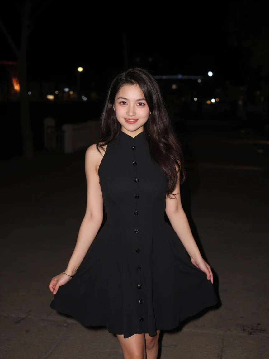 The image is a high-resolution photograph taken at night, featuring a slender young woman with fair skin and dark brown, wavy hair cascading past her shoulders. She is dressed in a sleeveless, black, high-necked dress with a fitted bodice and a flared skirt. The dress has a subtle sheen and is adorned with small, decorative buttons running down the center front. Her stance is relaxed, with one hand gently holding the skirt and the other arm slightly bent at the elbow, suggesting a casual, confident walk. The background is a dimly lit, paved pathway, possibly in a park or garden, with blurred, out-of-focus trees and buildings in the distance. The lighting is soft and diffused, highlighting her youthful appearance and the elegant, yet simple, design of her dress. The overall mood of the image is serene and playful, capturing a moment of leisurely enjoyment. The texture of the dress appears delicate and airy, contrasting with the solid, geometric pattern of the pavement.