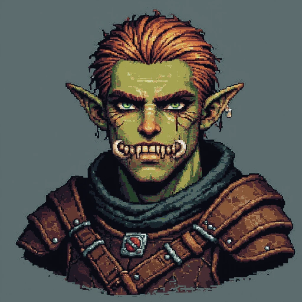 df_pixel_style, headshot of an adult ork with short orange hair, tusks, green skin and leather strap armor