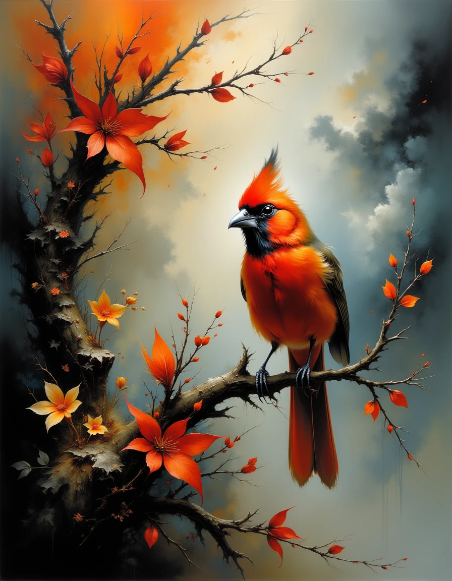 3th33r34l a red Bird on a tree   <lora:ethereal-grace:0.9>