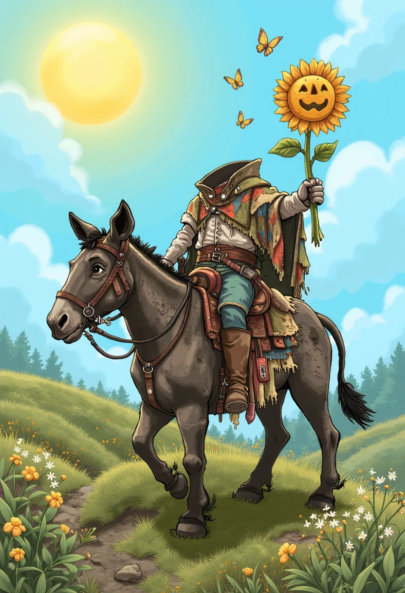 sitting atop a tired, old mule under a bright midday sun in an open meadow, surrounded by wildflowers and butterflies. The rider wears a ragged patchwork cloak and holds a whimsical sunflower carved with a smiling design. Cartoonish, vibrant, and light-hearted with exaggerated proportions and bright colors.  <lora:headless_horseman_v10_rank32_bf16-step03000:1.4>, headless_horseman