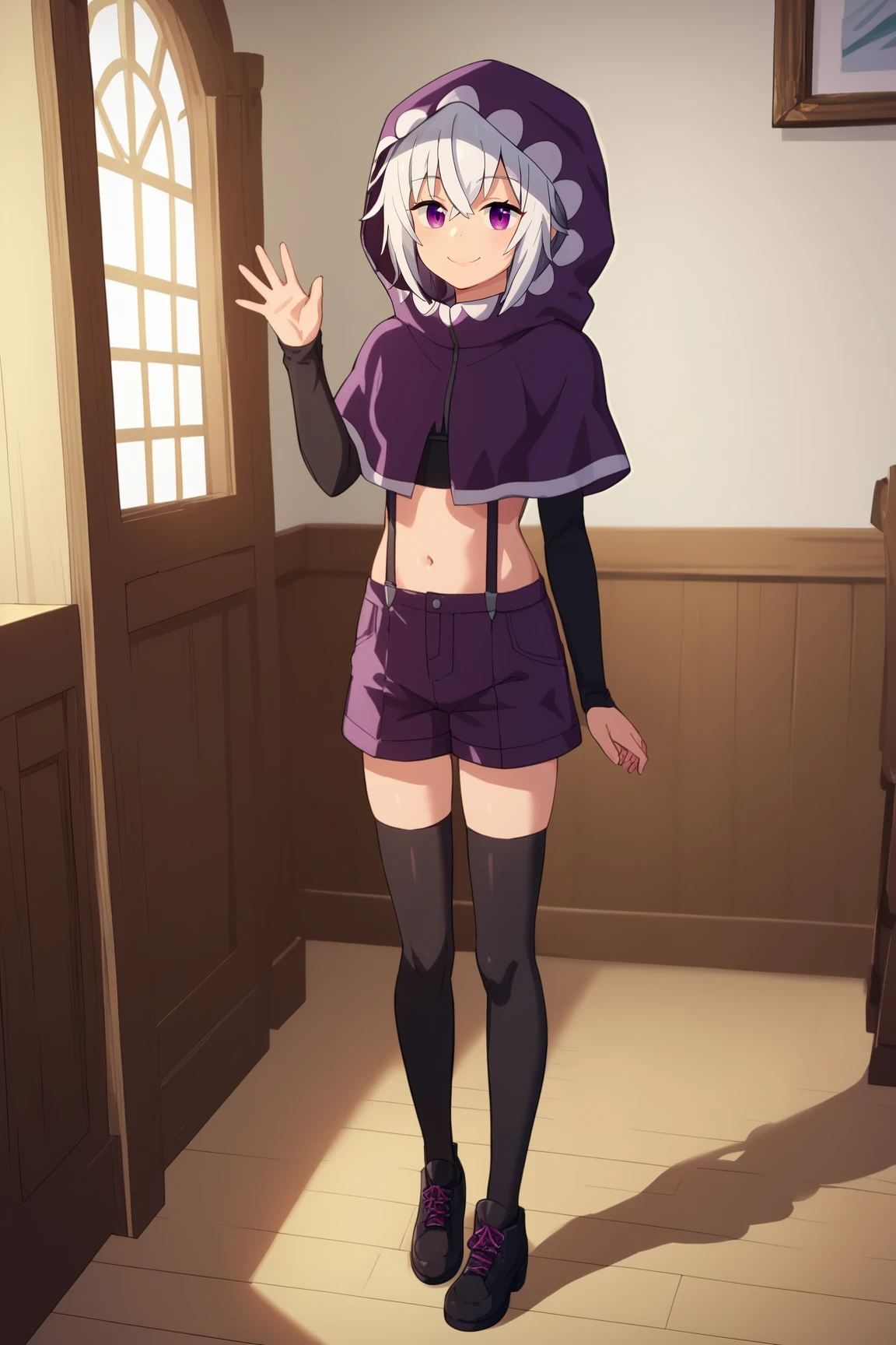 score_9, score_8_up, score_7_up, score_6_up, BREAK, TisseBHPXL, purple eyes, white hair, short hair, hair between eyes, small breasts, purple hood up, purple capelet, black crop top, long sleeves, suspenders, shorts purple, black thighhighs, black shoes, solo, full body, standing, waving, seductive smile, looking at viewer, indoors <lora:TisseBHPXL:1>