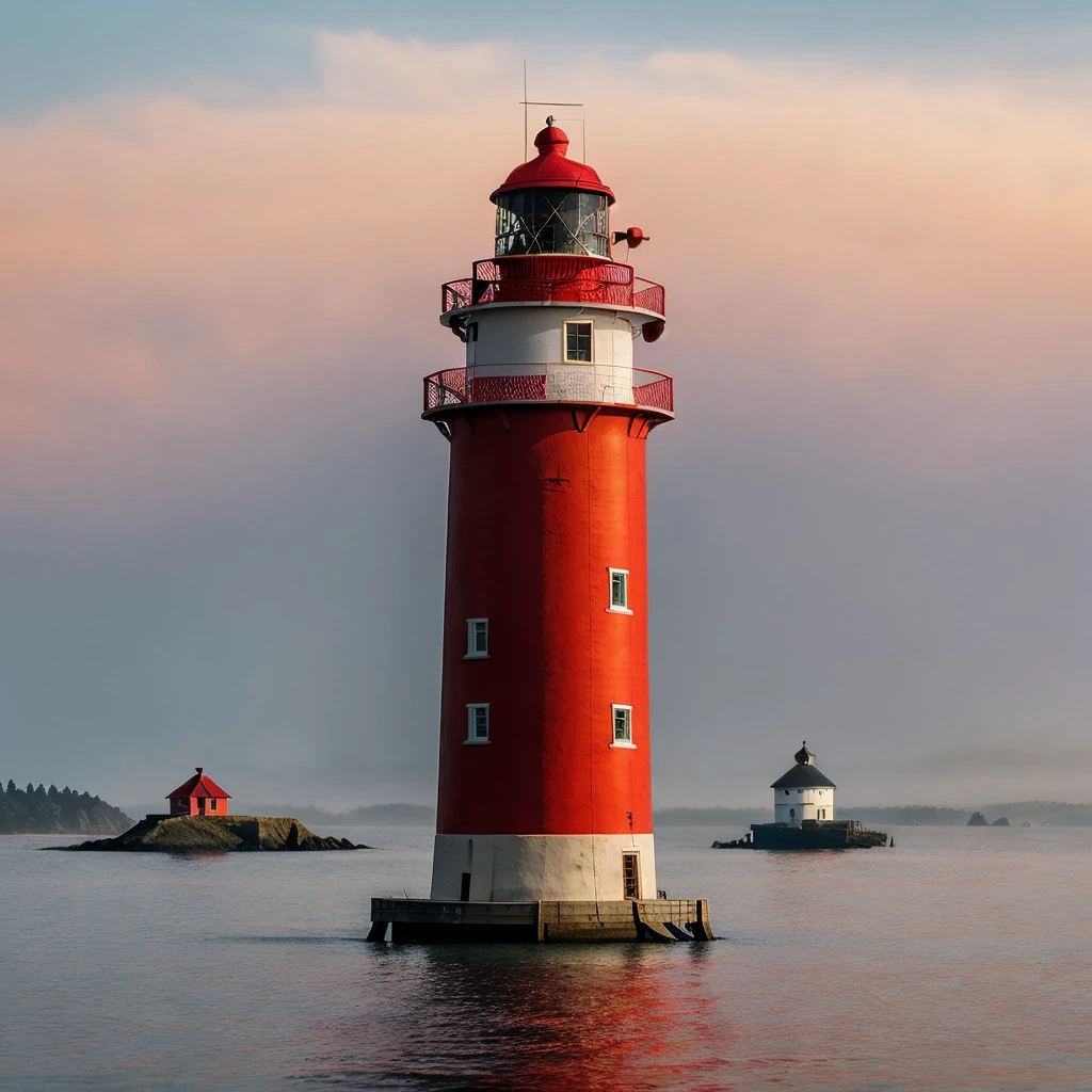 masterpiece, full scale wide-shot photo, intricate photo, surreal sunset, precisely detailed lighthouse with red-white colored ring-sections in the bay area near San Francisco in a fisher village, hazy fog on the water surface, foaming water, red and blue neon backlight, cyberpunk, atompunk, photo realistic, hyper realistic, highly detailed, sharp focus, high resolution, best quality, colorful, friendly colors, cozy outdoor lighting, 8K, <lora:LighthouseConcept5000:0.5>