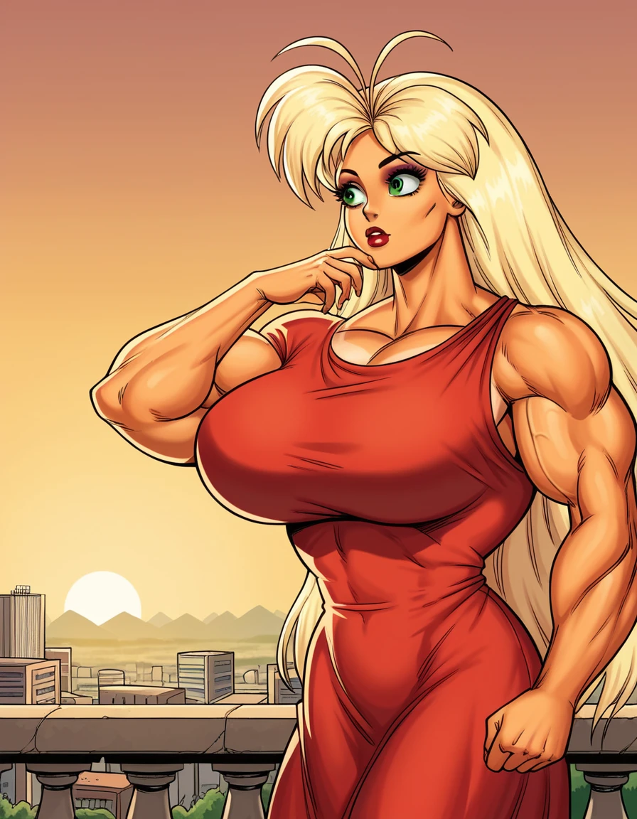 Generar ilustraciones , Glassmorphism, Obra maestra, Best Film, Estilo de la cultura pop, pulpa, QUEBRAR, a 30 years-old woman,rubia,norteamericana, (musculosa:1.1),(Female Bodybuilders:1.2),(Huge breasts that are about to burst:1.3),(Abdominales)、Altura 175cm,piel bronceada,curva,French swimsuit from the 1950s, Mirar amigablemente al espectador, como si la invitara a comprar, Ropa educada,posando frente a la playa