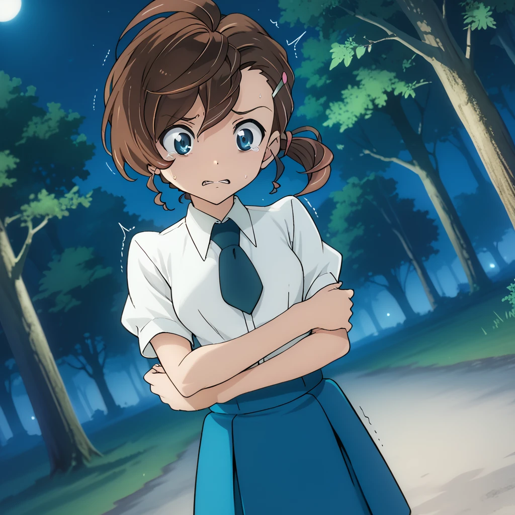 score_9, score_8_up, score_7_up, 1girl, solo, uncensored,  manainuyama, 1girl, solo, scared, turning head, hugging self, trembling,  dutch angle, white shirt, blue necktie, brown hair, blue eyes, blue skirt, outdoors, night, dark, forest,  <lora:ManaInuyamaXL_v1.0:1>