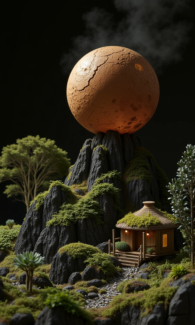 A miniature landscape with moss, succulents, small volcanic rocks, a small wooden house with lights on, and a giant moon<flux.1_lora_flyway_Epic-detail_v2:1.0>