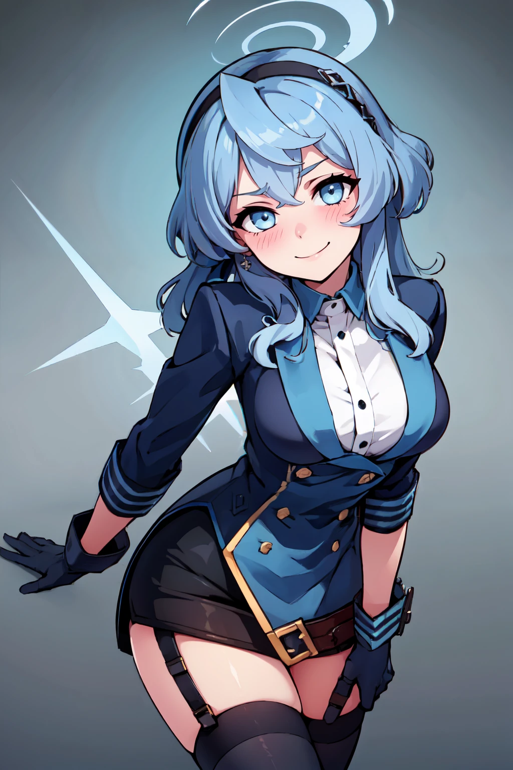 ((masterpiece,best quality)), absurdres,  BREAK, , <lora:Ako_BlueArchive_Citron:0.8>, zzAko, blue eyes, blue hair, long hair, hairband, halo black skirt, white shirt, blue jacket, black gloves, blue gloves, garter straps, black thighhighs , BREAK, leaning forward, head tilt, blush, upper body,, BREAK, solo, smile, looking at viewer, cowboy shot,