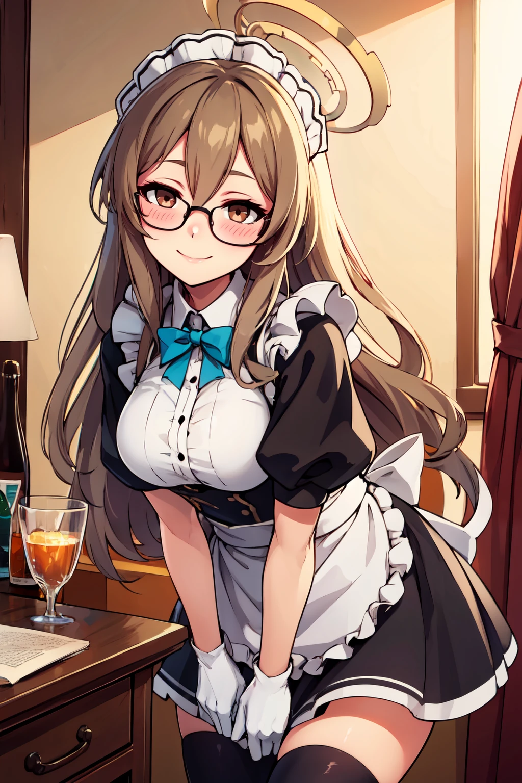 ((masterpiece,best quality)), absurdres,  BREAK, , <lora:Akane_BlueArchive_Citron:0.8>, zzAkane, brown eyes, light brown hair, long hair, glasses, halo, black dress, maid apron, white gloves, blue bowtie, white thighhighs , BREAK, leaning forward, head tilt, blush, upper body,, BREAK, solo, smile, looking at viewer, cowboy shot,