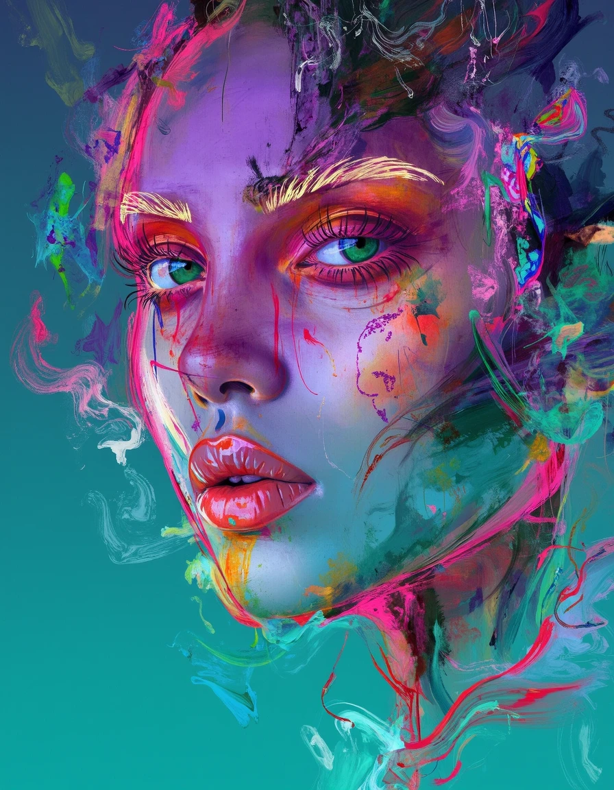 arna, face, pink outline around eyes eyebrows and lips, green blue purple gradient background, thick mixed paint