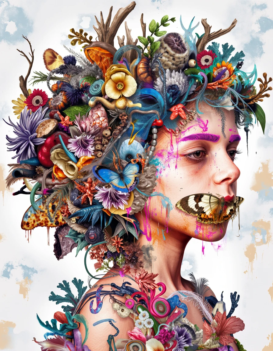 arna,boy with pink outline around eye brows and moth over mouth with hair made up of intricate collage of objects flowers branch coral passion flower butterfly wings monkey head caterpillar white painted background with splotches of light blue and beige, fractal patterns