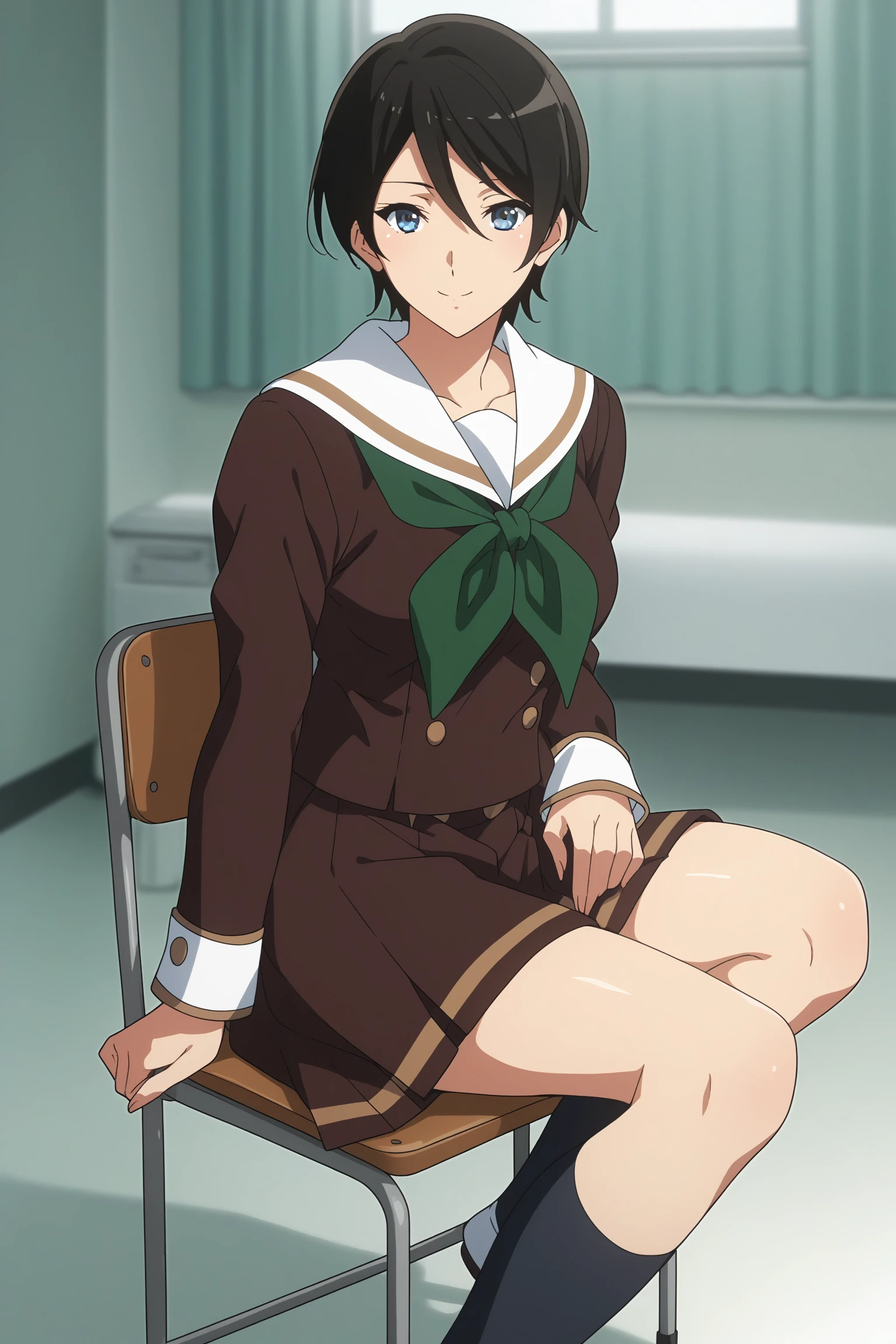 score_9, score_8_up, score_7_up, score_6_up, score_5_up, source_anime, rating_safe, medium breasts, indoors, hospital, 1girl, solo, looking at viewer, <lora:age_slider_v4:2>, suzuki mirei, short hair, hair between eyes, blue eyes, school uniform, serafuku, brown uniform, white sailor collar, green neckerchief, long sleeves, white sleeves end, brown skirt, pleated skirt, black kneehighs, loafers, <lora:Mirei_Suzuki:0.8>, sitting on chair, smile