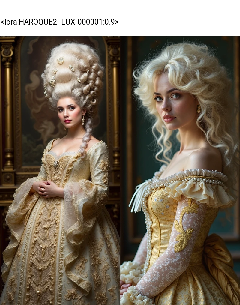 a beautiful woman wearing a rococo wig, full coverage dress
<lora:HAROQUE2FLUX-000001:0.9>