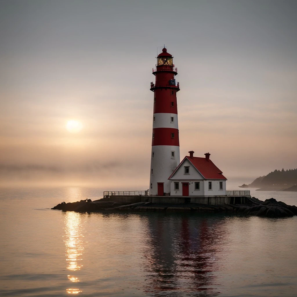 masterpiece, full scale wide-shot photo, intricate photo, surreal sunset, precisely detailed lighthouse with red-white colored ring-sections in the bay area near San Francisco in a fisher village, hazy fog on the water surface, foaming water, red and blue neon backlight, cyberpunk, atompunk, photo realistic, hyper realistic, highly detailed, sharp focus, high resolution, best quality, colorful, friendly colors, cozy outdoor lighting, 8K, <lora:LighthouseConcept5000:0.5>