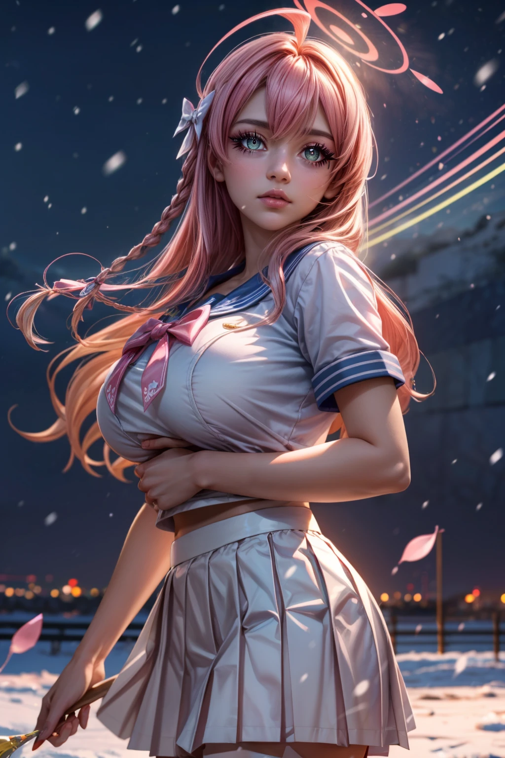 (ultra realistic,32k, masterpiece:1.2),(high detailed skin:1.1),( high quality:1.1), <lora:IllyasvielVonEinzbern_v1:0.7>, zzIllya, looking at viewer, night, outdoors, snowing, sky, BREAK,   <lora:Hanako_BlueArchive_Citron:0.8>, zzHanako, green eyes, pink hair, long hair, braid, halo, ahoge, large breasts, bow, white skirt, blue sailor collar, pink bow, pleated skirt, white serafuku,     BREAK,  blooming stars, luminescent petals, otherworldly fragrance blurry background, (looking at viewer, standing:1.1), huge breast, large breast, <lora:add_detail:0.92>, (glowwave:1.1),